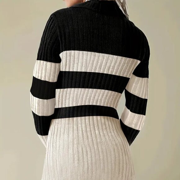 French High Neck Striped Dress Black & White - Picture 2 of 3